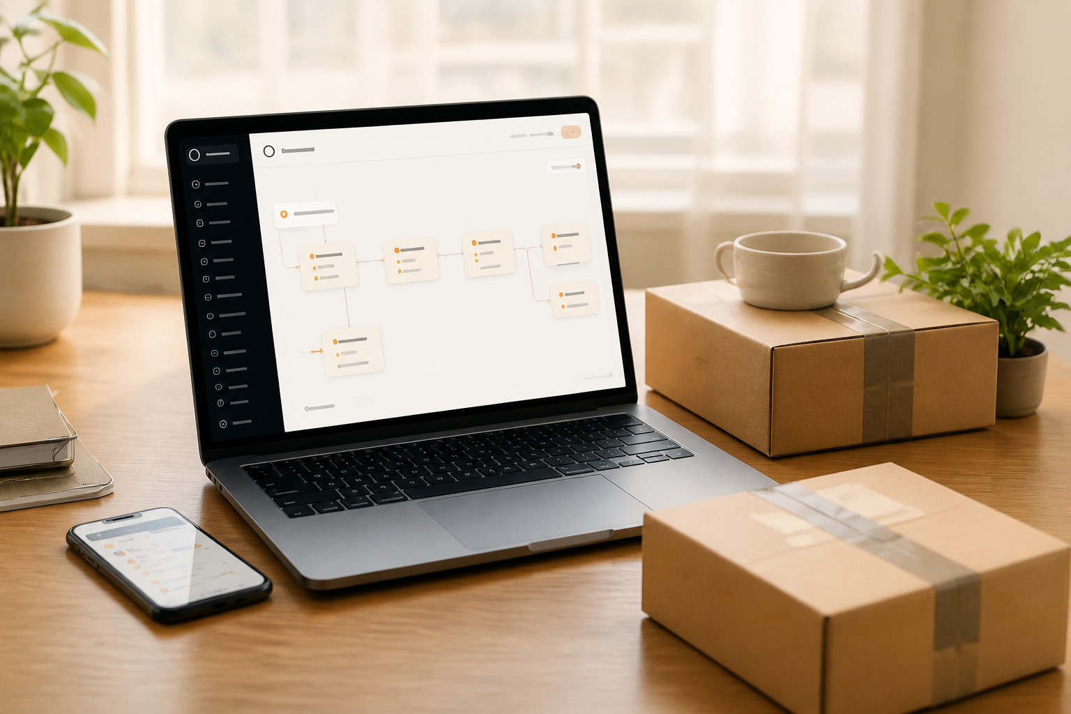 A laptop running an order automation workflow beside a phone and prepared parcels