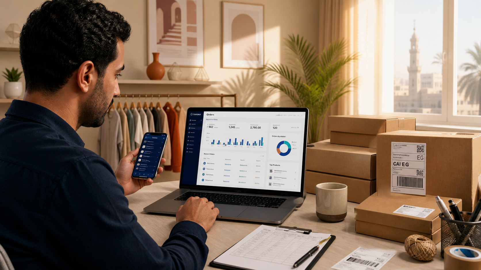 Serenoil founder reviewing automated ecommerce orders and shipments